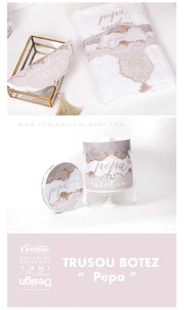 Trusou botez brodat pentru fetite cu o nota eleganta de gold si crem, Pepa 2